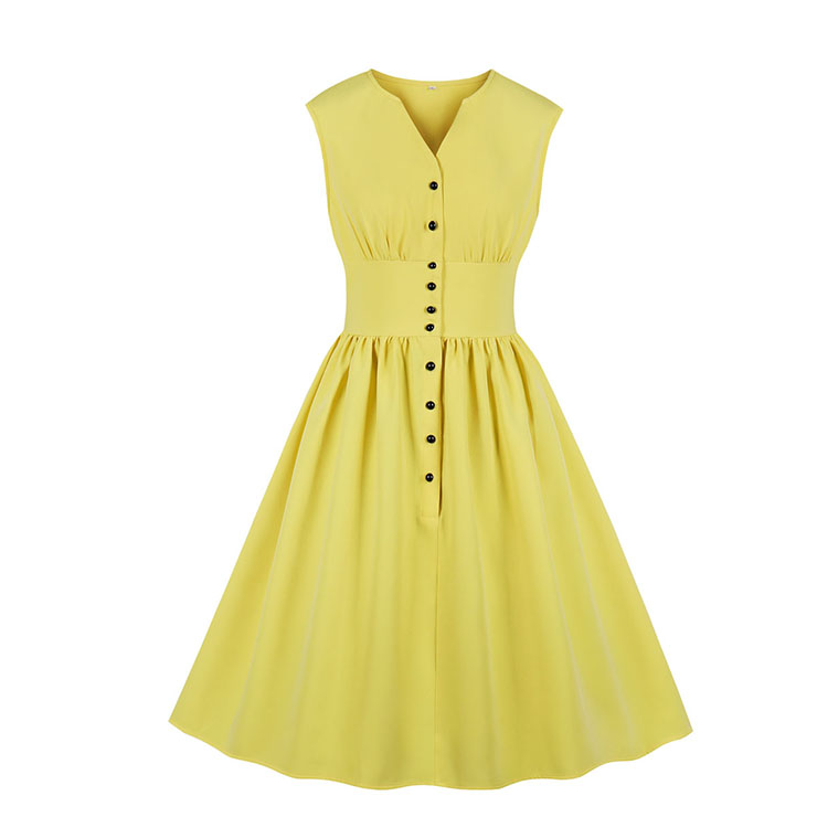 Vintage Rockabilly V Neck Front Button Sleeveless High Waist Cocktail Party Swing Dress N19104