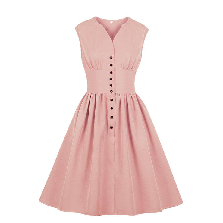 Vintage Rockabilly V Neck Front Button Sleeveless High Waist Cocktail Party Swing Dress N19105