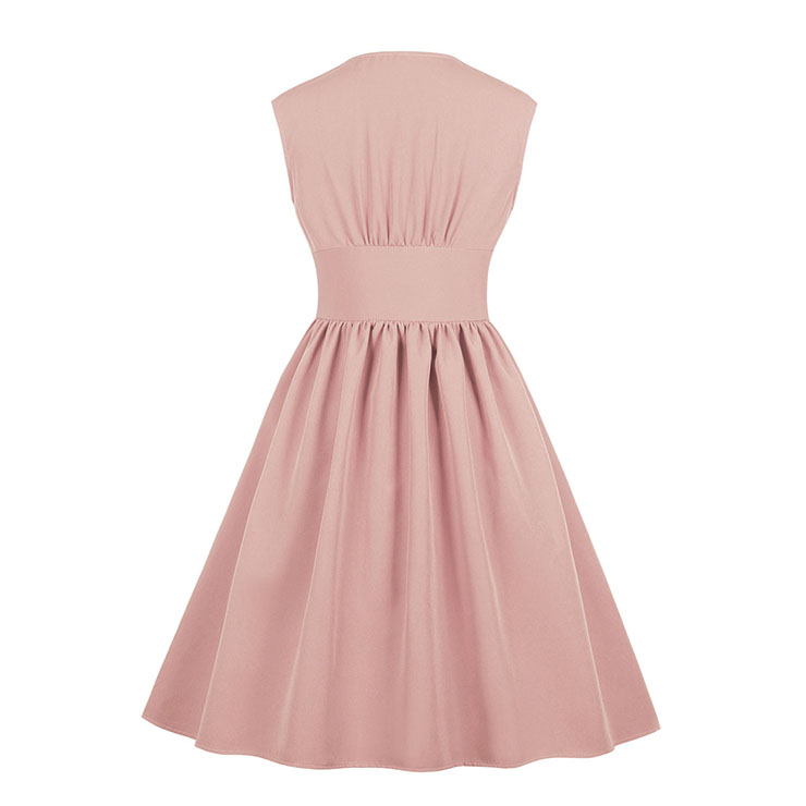 Vintage Rockabilly V Neck Front Button Sleeveless High Waist Cocktail Party Swing Dress N19105