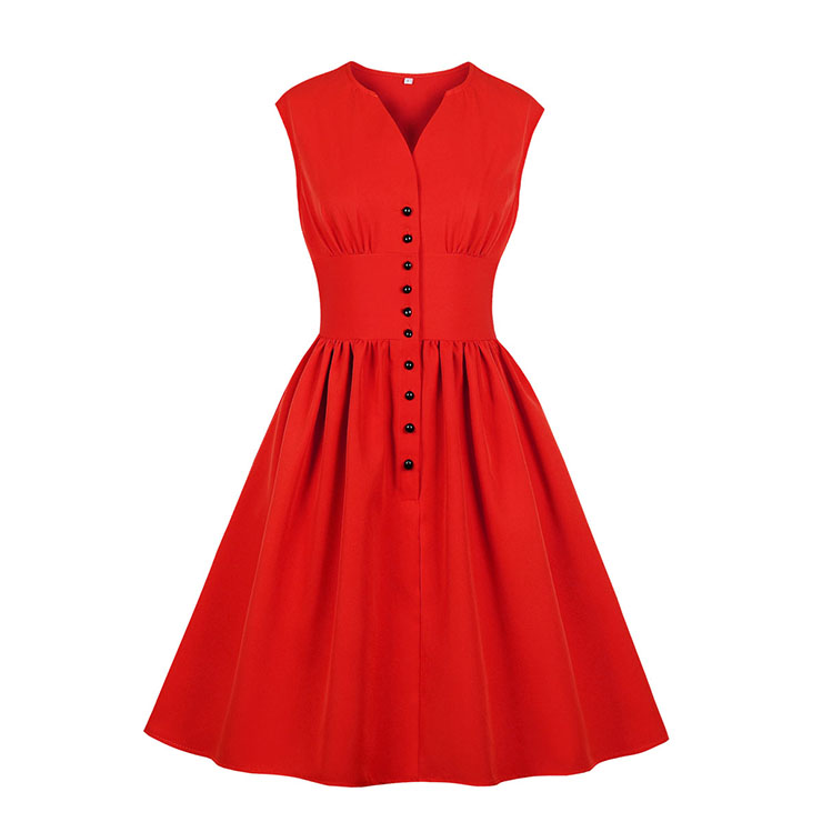 Vintage Rockabilly V Neck Front Button Sleeveless High Waist Cocktail Party Swing Dress N19106