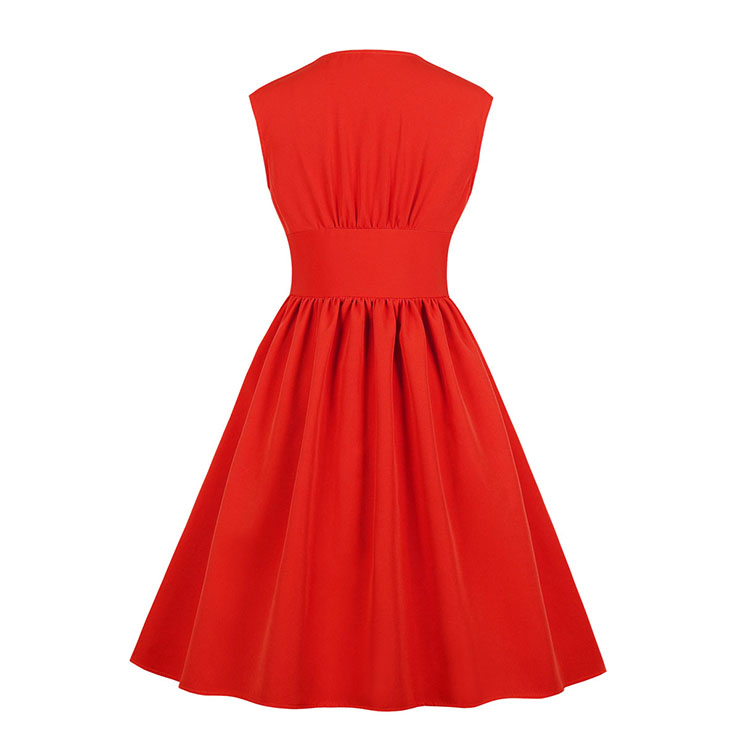 Vintage Rockabilly V Neck Front Button Sleeveless High Waist Cocktail Party Swing Dress N19106