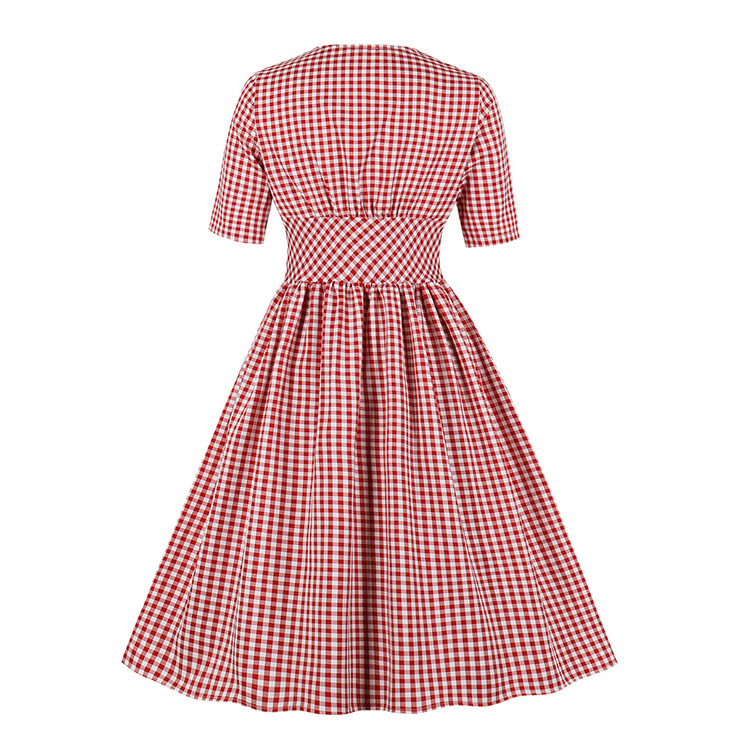 Vintage Rockabilly Red Check Front Button Short Sleeve High Waist Cocktail Party Swing Dress N19197