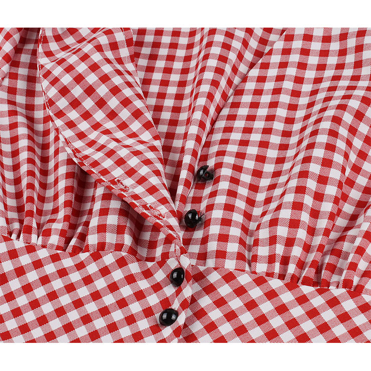 Vintage Rockabilly Red Check Front Button Short Sleeve High Waist Cocktail Party Swing Dress N19197