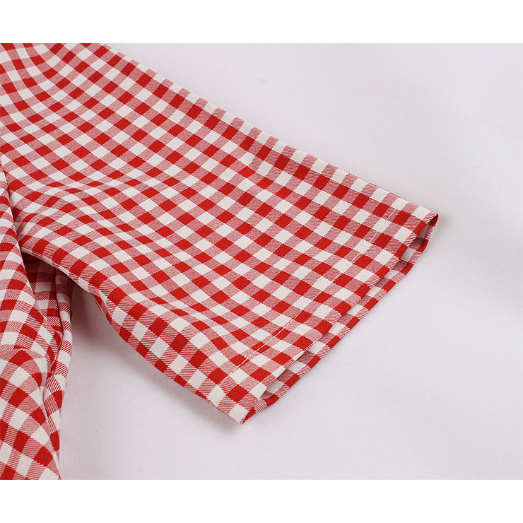 Vintage Rockabilly Red Check Front Button Short Sleeve High Waist Cocktail Party Swing Dress N19197