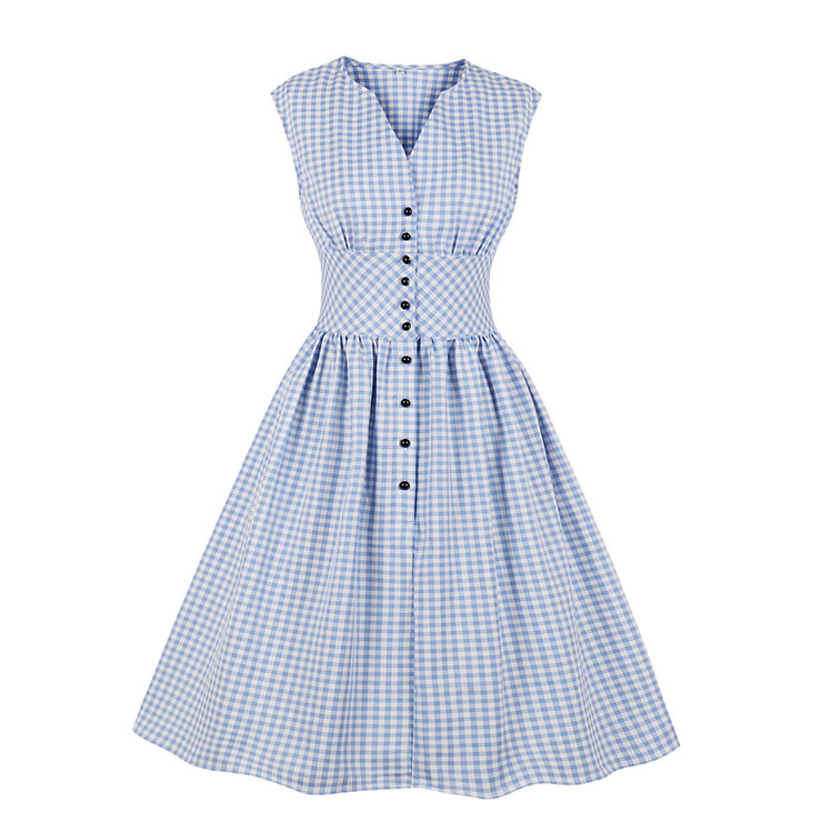 Vintage Rockabilly Blue Checkered Front Button High Waist Cocktail Party Swing Dress N19401