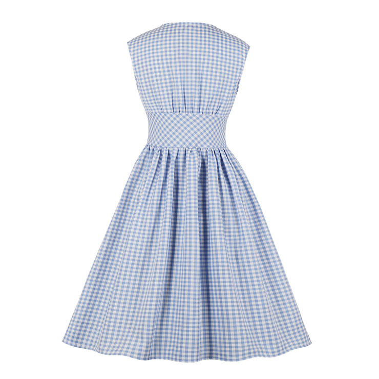 Vintage Rockabilly Blue Checkered Front Button High Waist Cocktail Party Swing Dress N19401