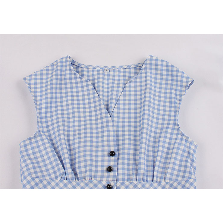 Vintage Rockabilly Blue Checkered Front Button High Waist Cocktail Party Swing Dress N19401