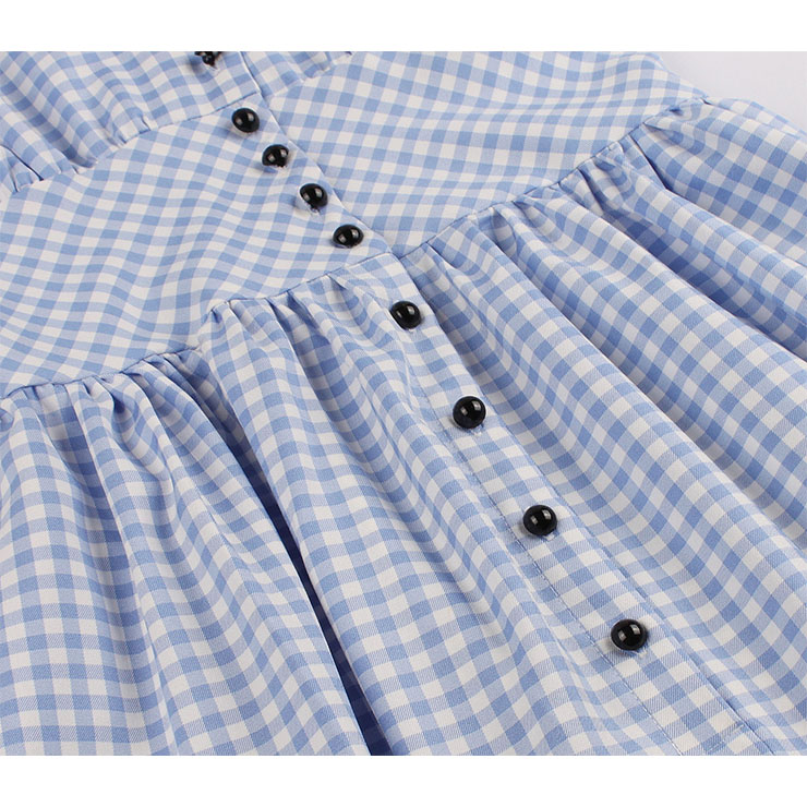 Vintage Rockabilly Blue Checkered Front Button High Waist Cocktail Party Swing Dress N19401