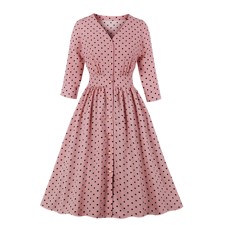 Vintage Rockabilly Polka Dots Half Sleeve Front Button High Waist Cocktail Party Swing Dress N19947
