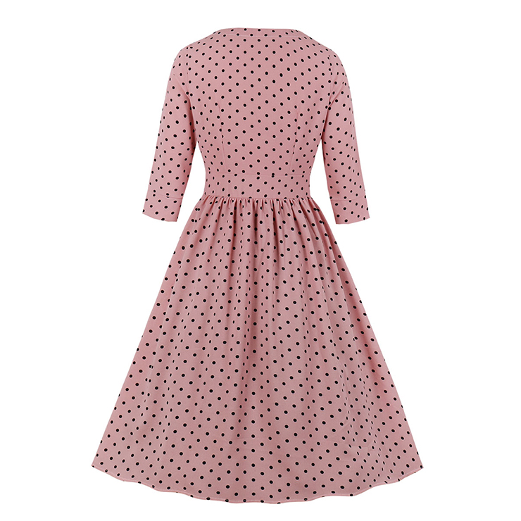 Vintage Rockabilly Polka Dots Half Sleeve Front Button High Waist Cocktail Party Swing Dress N19947
