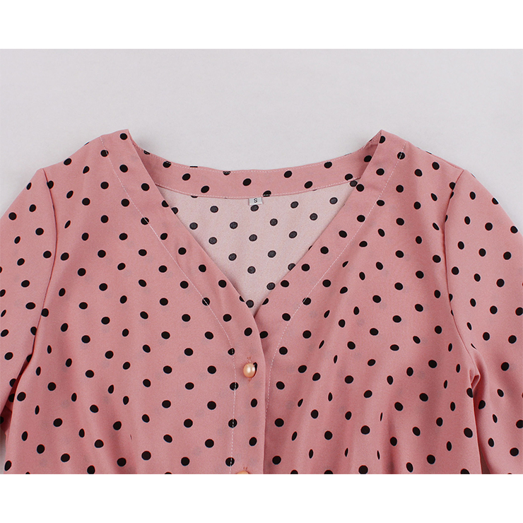 Vintage Rockabilly Polka Dots Half Sleeve Front Button High Waist Cocktail Party Swing Dress N19947
