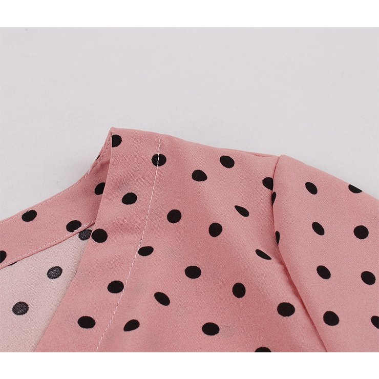 Vintage Rockabilly Polka Dots Half Sleeve Front Button High Waist Cocktail Party Swing Dress N19947