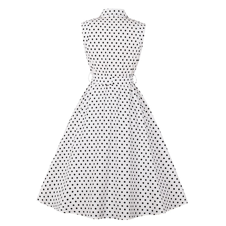 Vintage Rockabilly Polka Dots Lapel Sleeveless Front Button High Waist Cocktail Swing Dress N21484