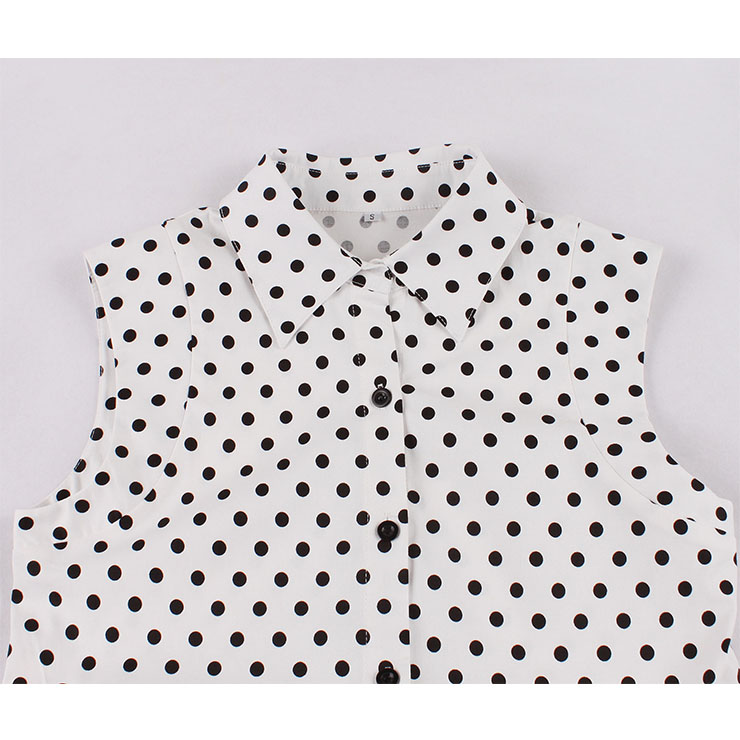 Vintage Rockabilly Polka Dots Lapel Sleeveless Front Button High Waist Cocktail Swing Dress N21484