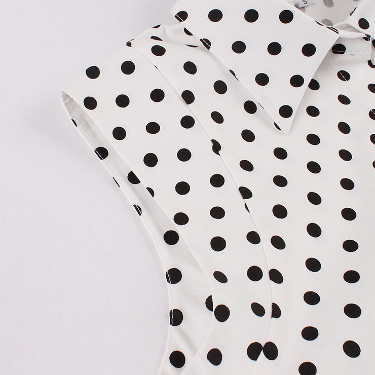 Vintage Rockabilly Polka Dots Lapel Sleeveless Front Button High Waist Cocktail Swing Dress N21484