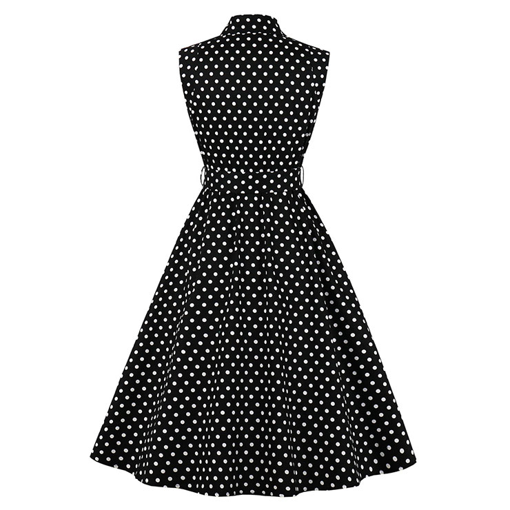 Vintage Rockabilly Polka Dots Lapel Sleeveless Front Button High Waist Cocktail Swing Dress N21485
