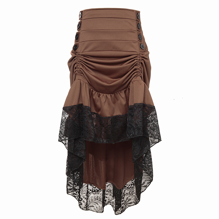 Vintage Gothic Brown High Waist Button Lace Trim Ruffled High-low Skirt N18636