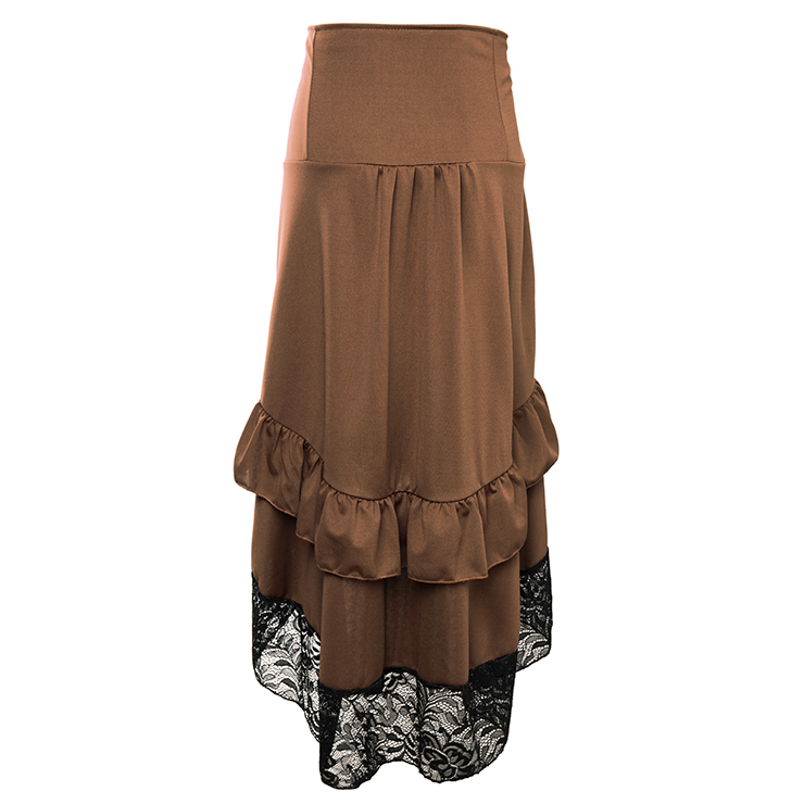 Vintage Gothic Brown High Waist Button Lace Trim Ruffled High-low Skirt N18636