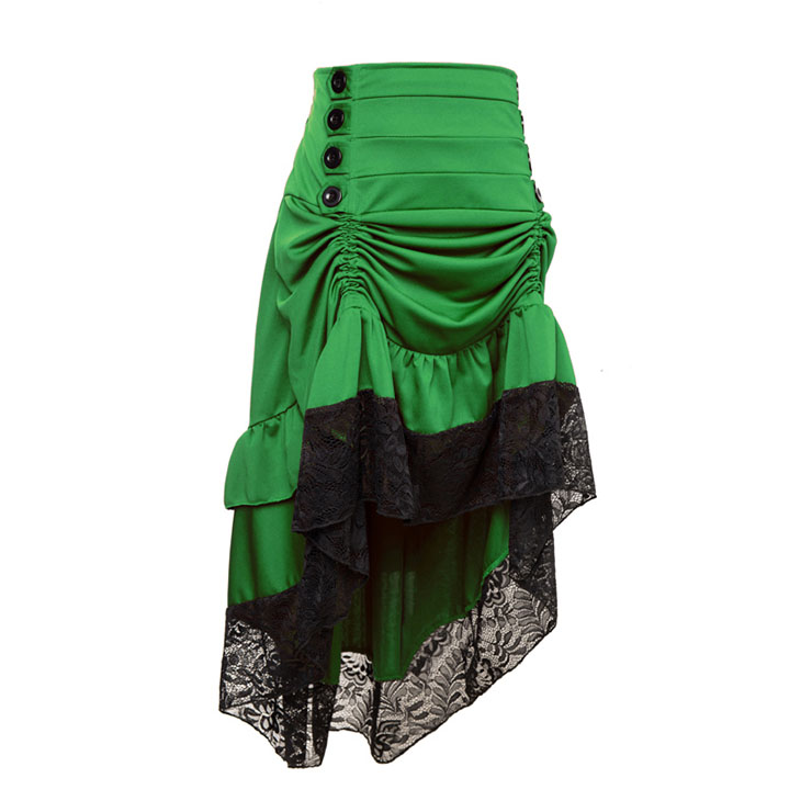Vintage Gothic Green High Waist Button Lace Trim Ruffled High-low Skirt N22486