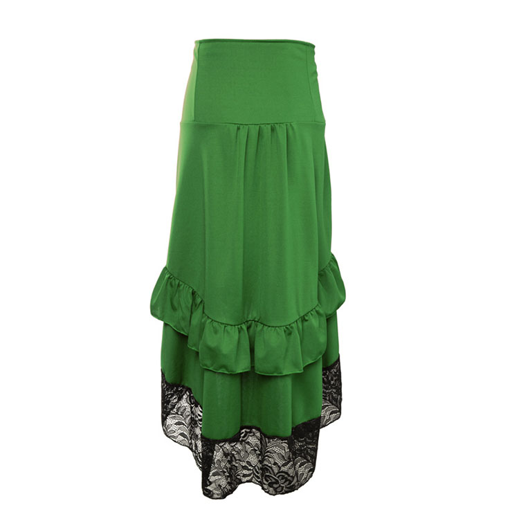 Vintage Gothic Green High Waist Button Lace Trim Ruffled High-low Skirt N22486