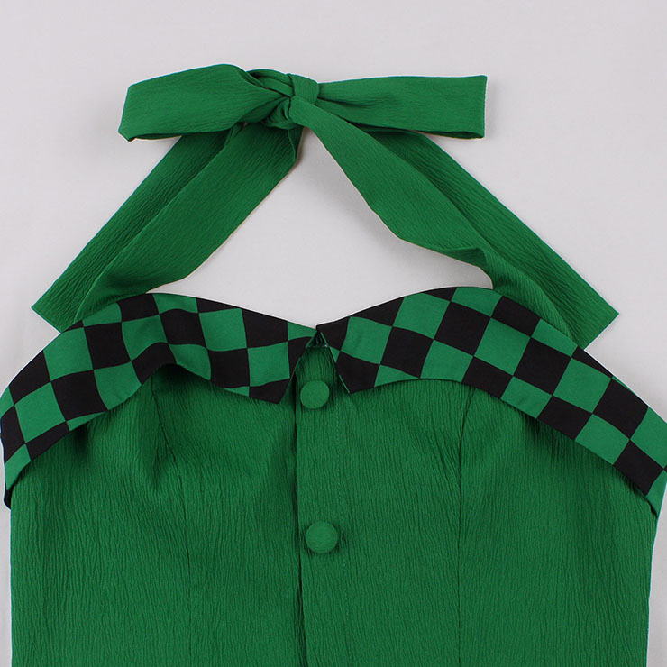 Vintage Green Hanging Neck Sleeveless Casual Cocktail Big Swing Dress N22746