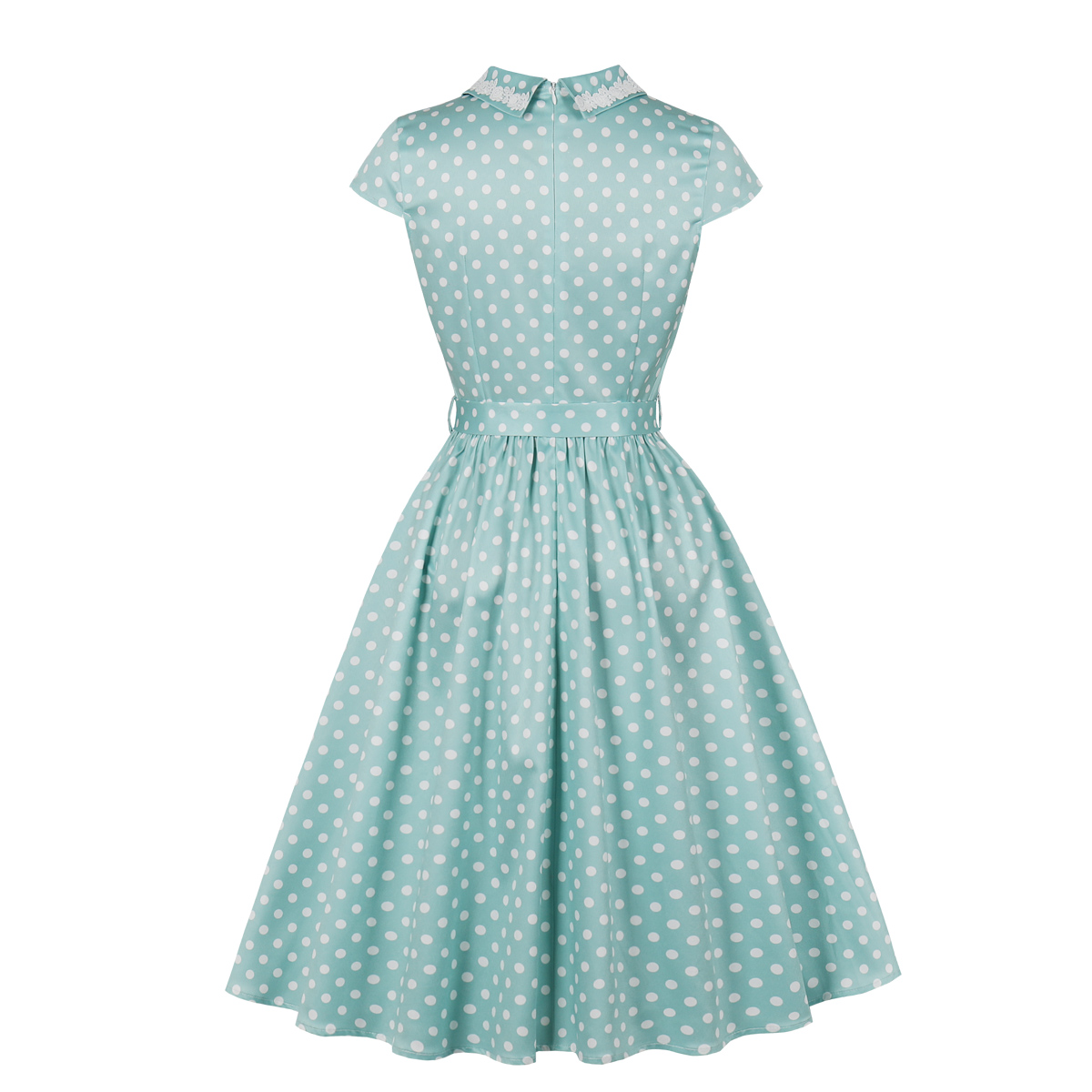 Vintage Green Polka Dot A-Line Dress with White Lace Collar and Bow Accent N23827