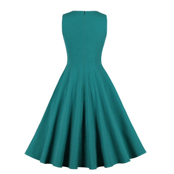 Vintage Green V Neck Sleeveless High Waist Wrinkle Summer Party Midi Dress N23031