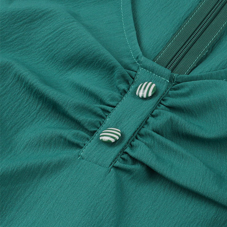 Vintage Green V Neck Sleeveless High Waist Wrinkle Summer Party Midi Dress N23031