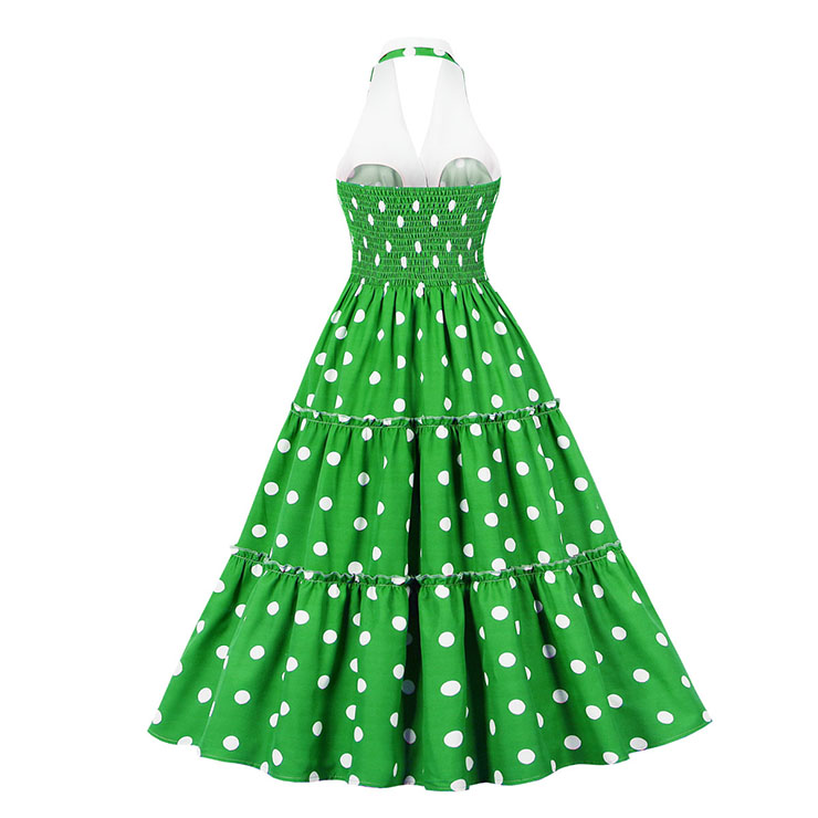Vintage Green Hanging Neck V Neck Backless High Waist Summer Cocktail Party A-line Dress N22743