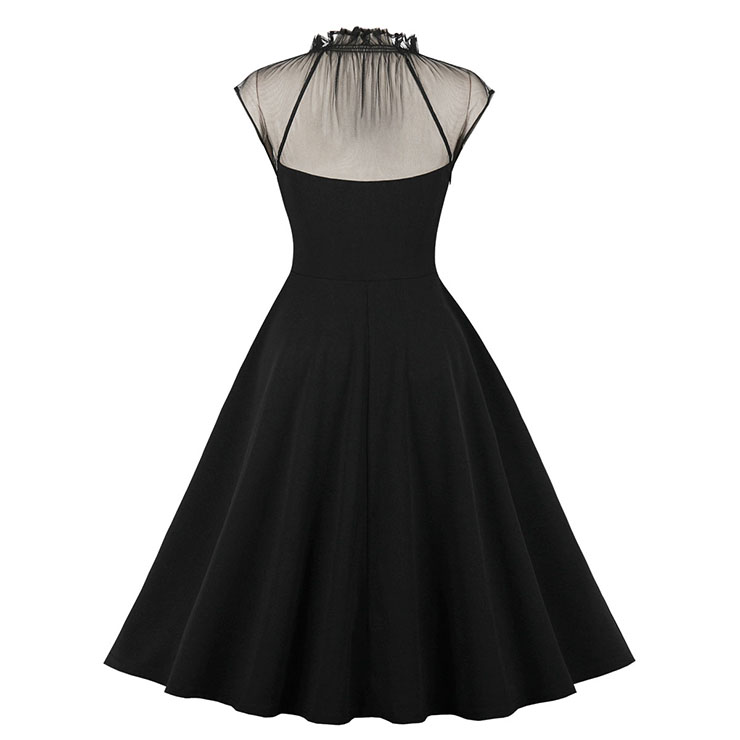 Vintage Black Mesh Patchwork Half-high Neck Flying Sleeve High Waist Swing Dress N23026