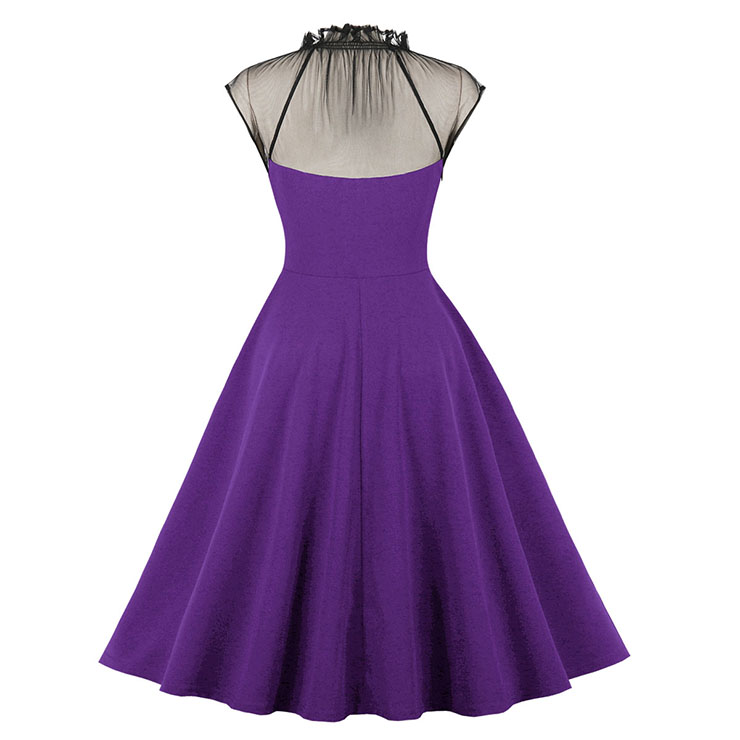 Vintage Purple Mesh Patchwork Half-high Neck Flying Sleeve High Waist Swing Dress N23027