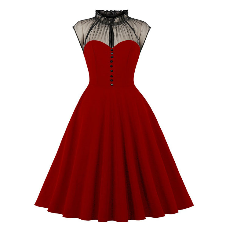Vintage Wine-red Mesh Patchwork Half-high Neck Flying Sleeve High Waist Swing Dress N23028