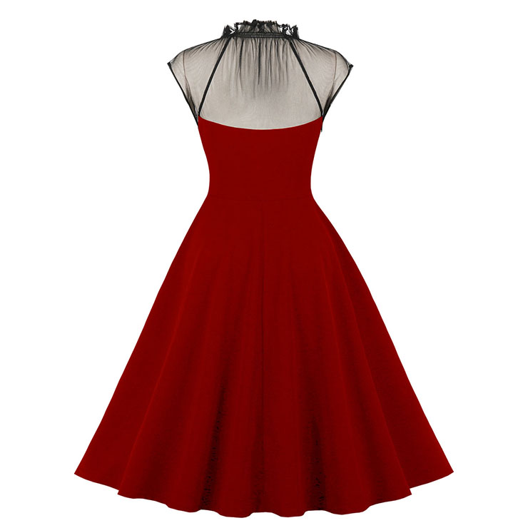 Vintage Wine-red Mesh Patchwork Half-high Neck Flying Sleeve High Waist Swing Dress N23028