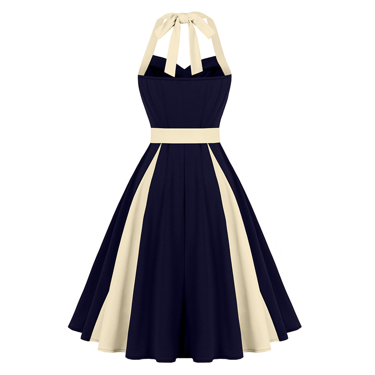 Vintage 1950s Halter Navy & Cream Color-Block Swing Dress  N23939