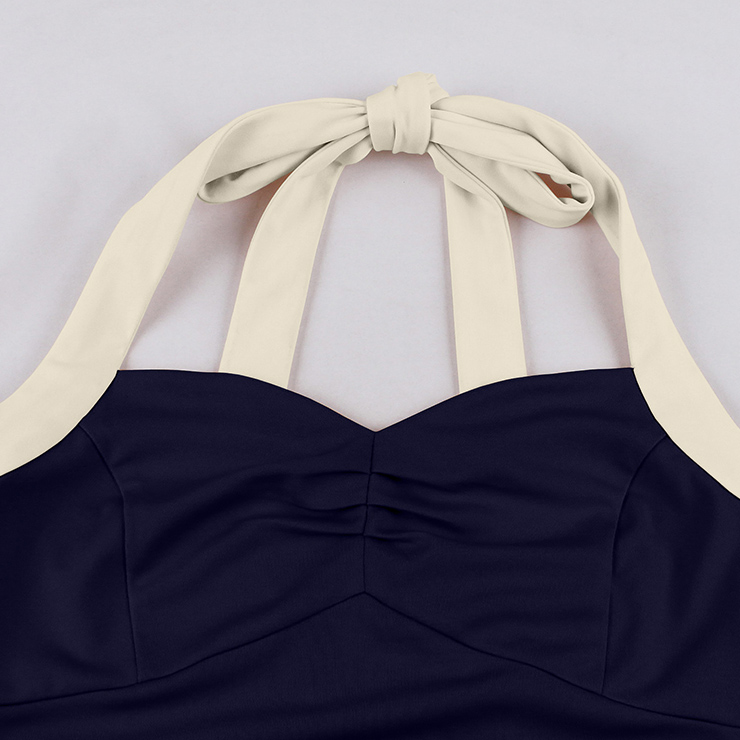 Vintage 1950s Halter Navy & Cream Color-Block Swing Dress  N23939
