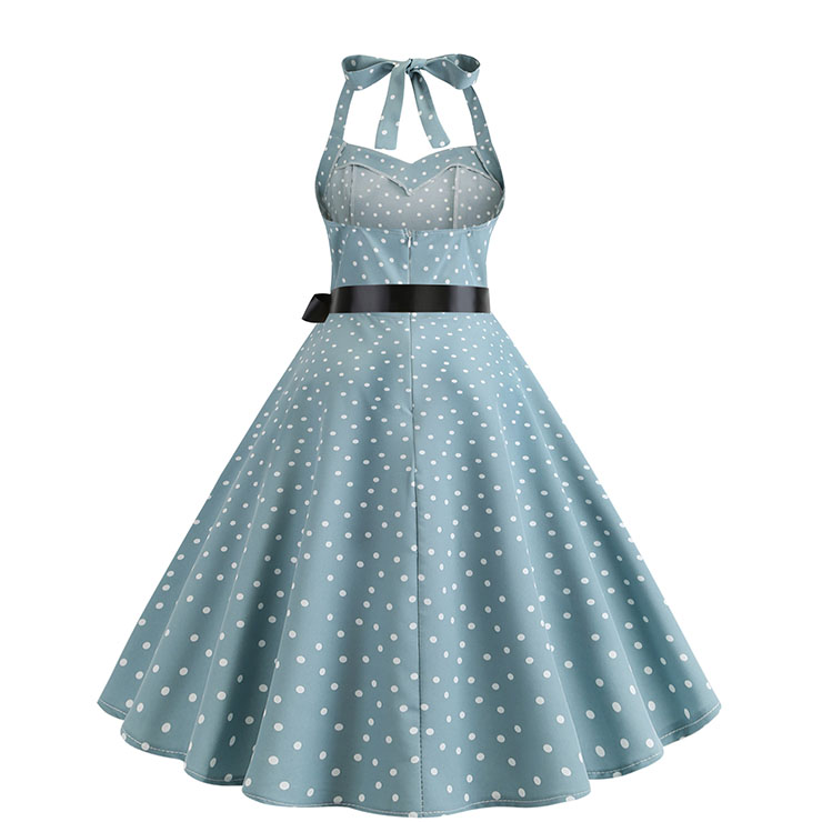 Vintage Halter Neck Sweetheart Bodice Polka Dots Print Backless Summer Swing Dress N20311