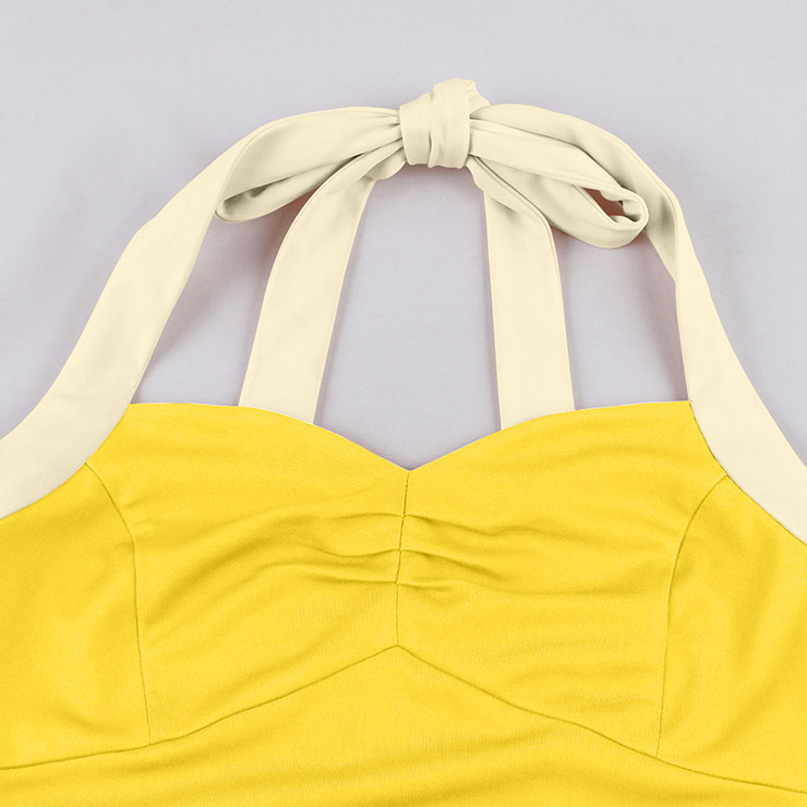 Vintage 1950s Halter Yellow & Cream Color-Block Swing Dress  N23938