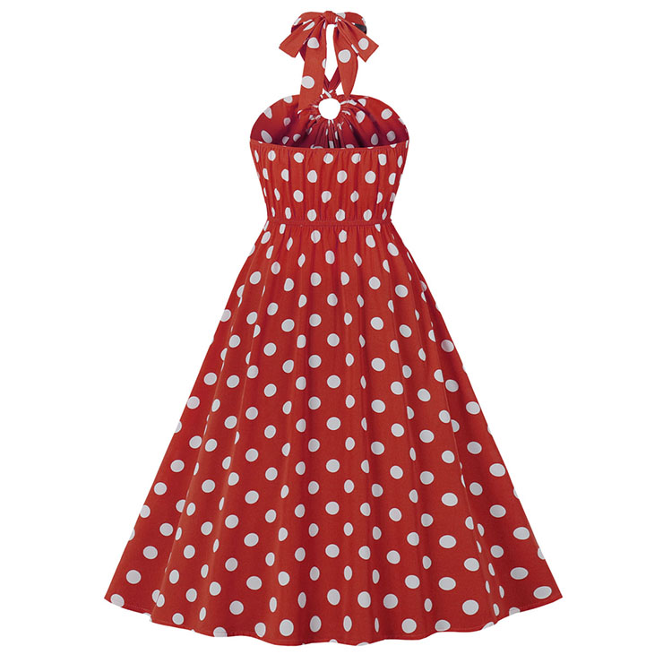 Vintage Sweetheart Neck Halter Backless Polka Dots Knee-length Summer Day Swing Dress N21751