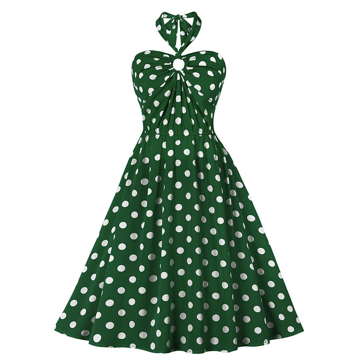 Vintage Sweetheart Neck Halter Backless Polka Dots Knee-length Summer Day Swing Dress N21752