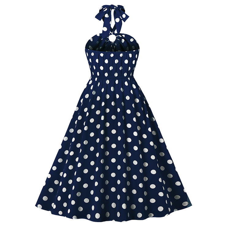Vintage Sweetheart Neck Halter Backless Polka Dots Knee-length Summer Day Swing Dress N21753