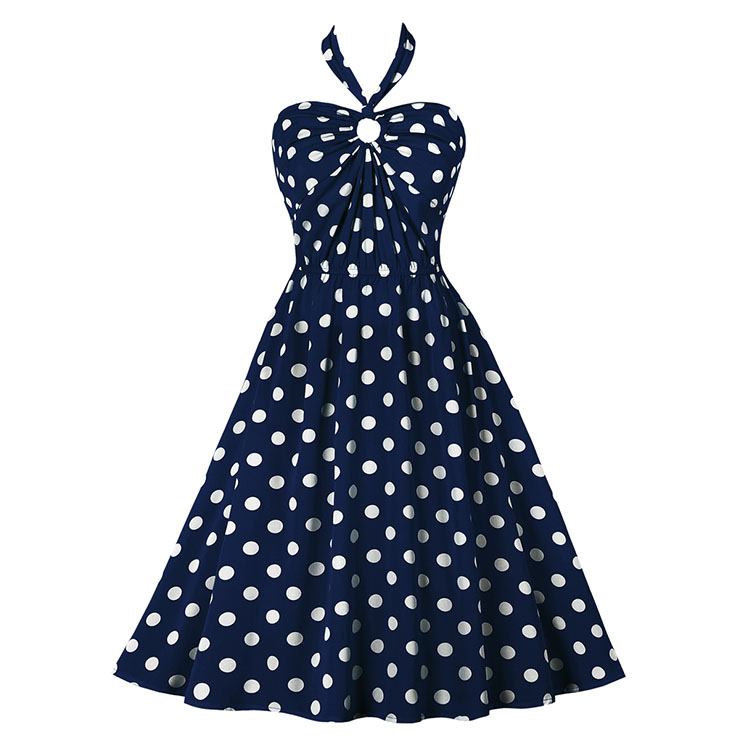 Vintage Sweetheart Neck Halter Backless Polka Dots Knee-length Summer Day Swing Dress N21753