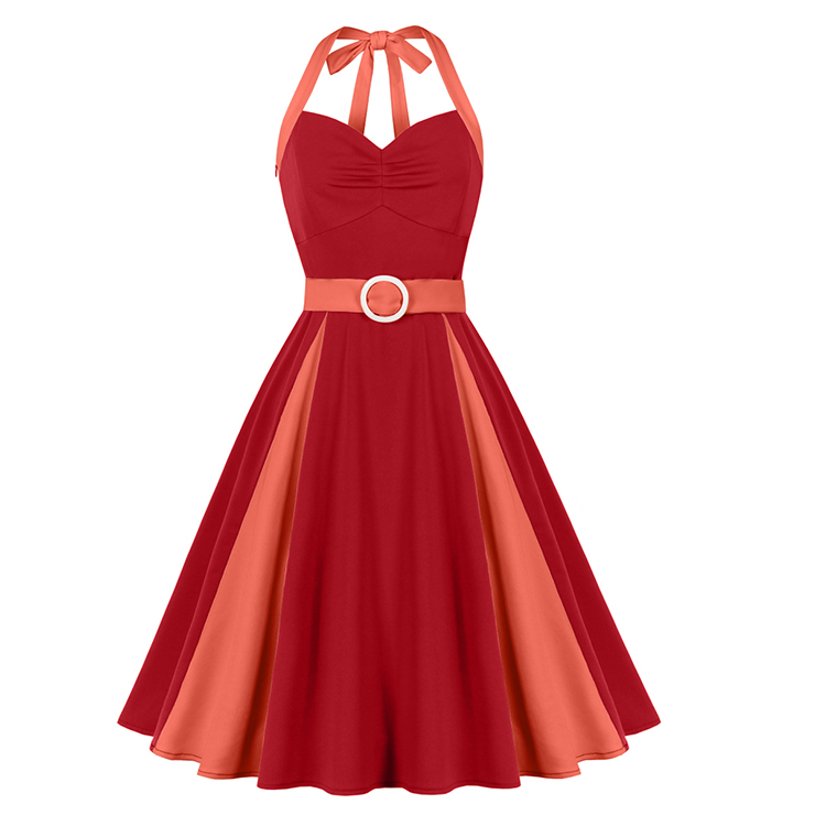 Vintage 1950s Halter Red & Coral Color-Block Swing Dress  N23940