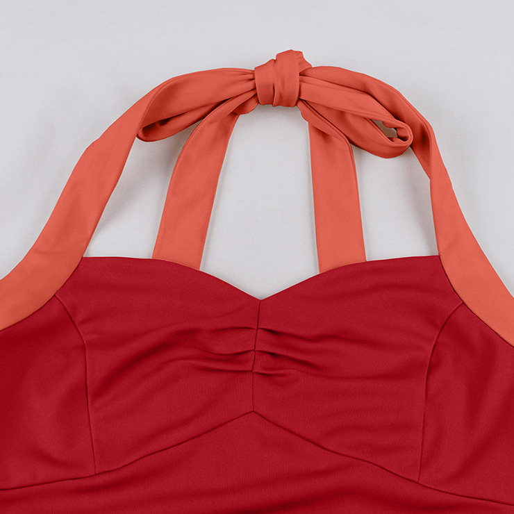 Vintage 1950s Halter Red & Coral Color-Block Swing Dress  N23940