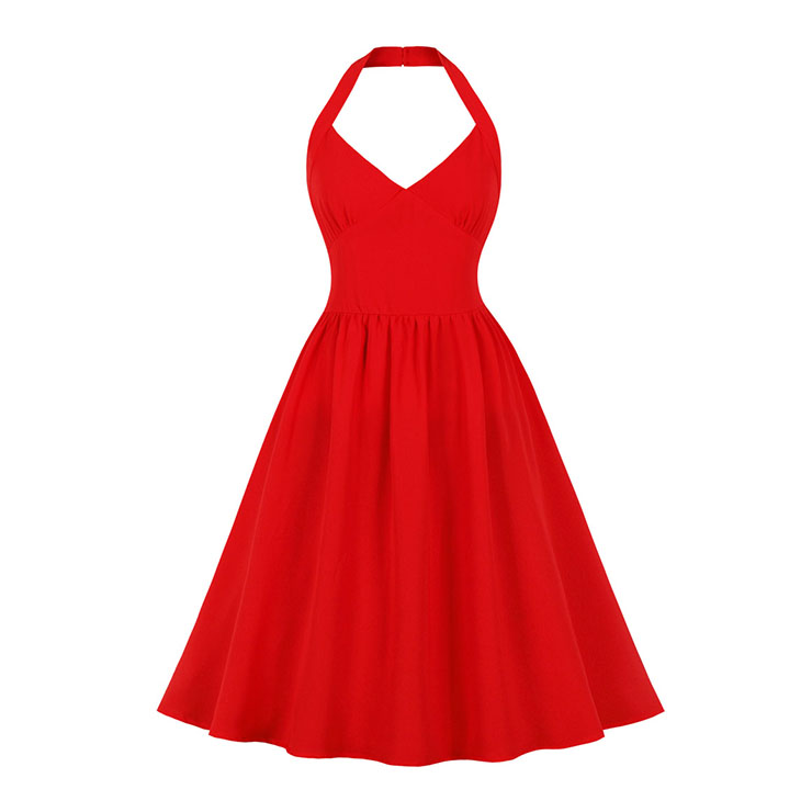 Vintage Red Halter V Neckline Backless High Waist Summer Cocktail Party A-line Dress N22199