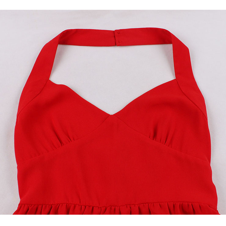 Vintage Red Halter V Neckline Backless High Waist Summer Cocktail Party A-line Dress N22199