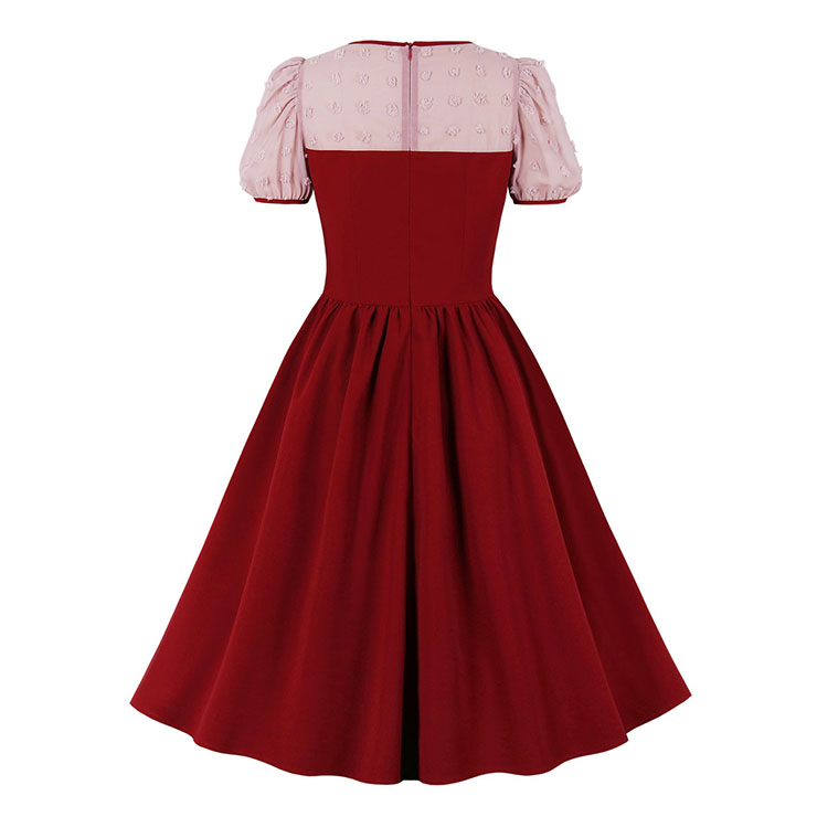 Vintage Round Neck Heart Bodice Puff Sleeves High Waist Elegant Cocktail Party A-line Dress N21499