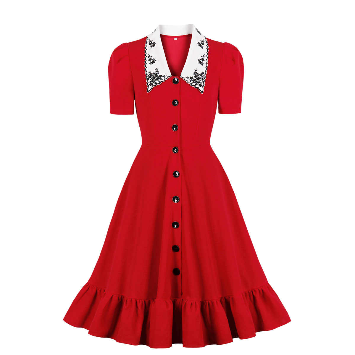 Elegant Red Doll Collar Short Sleeve Front Button High Waist Ruffle Dress N21350