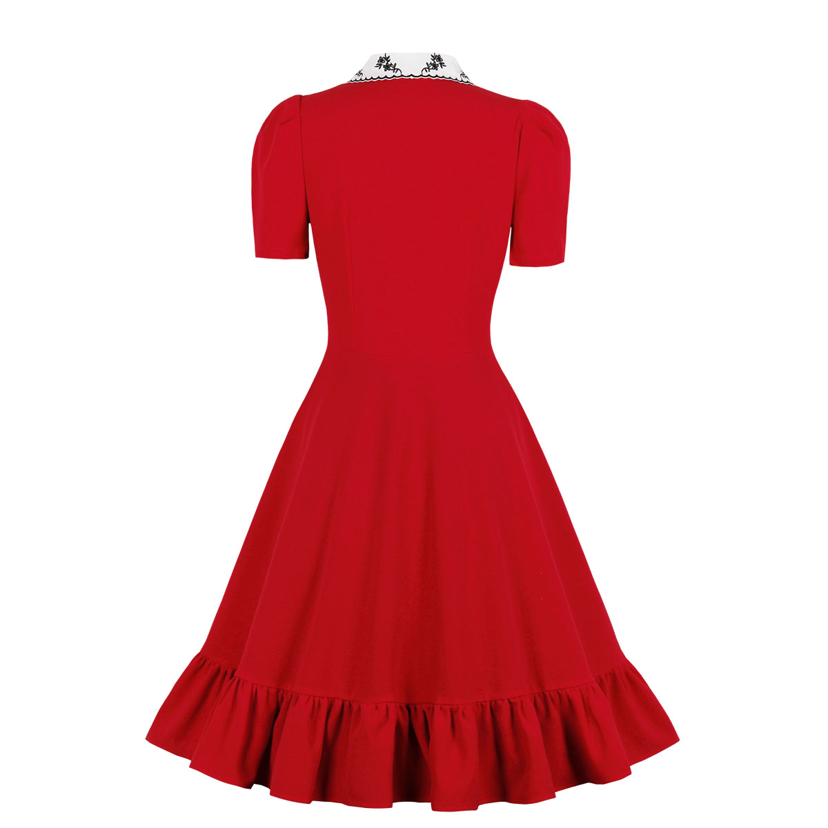 Elegant Red Doll Collar Short Sleeve Front Button High Waist Ruffle Dress N21350