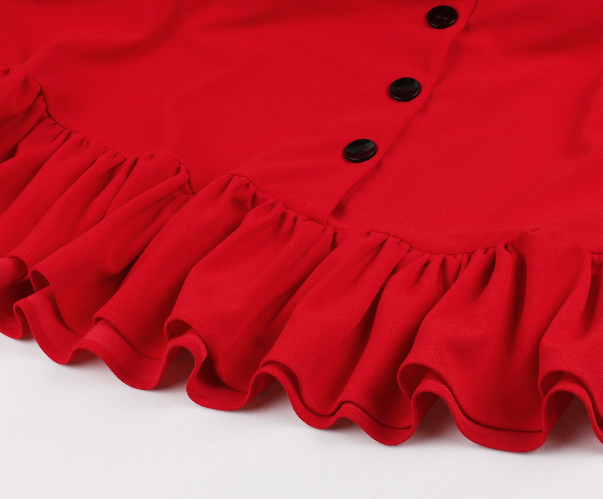 Elegant Red Doll Collar Short Sleeve Front Button High Waist Ruffle Dress N21350