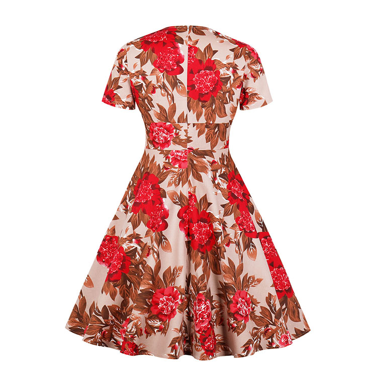 Vintage Floral Print V Neckline Short Sleeve High Waist Swing Dress N18871